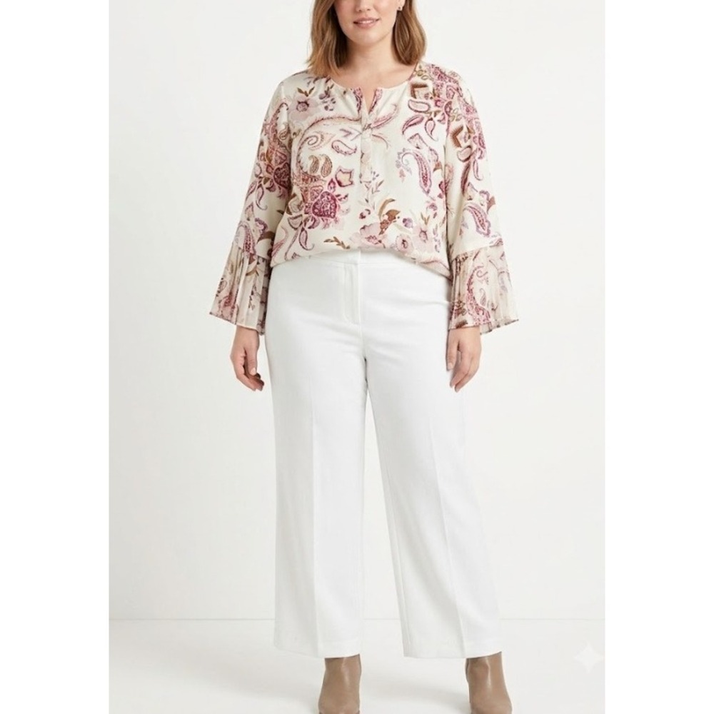 Chico's Paisley Floral‎ Blouse size Large/2 L Pleated Bell Sleeve Popover Preppy